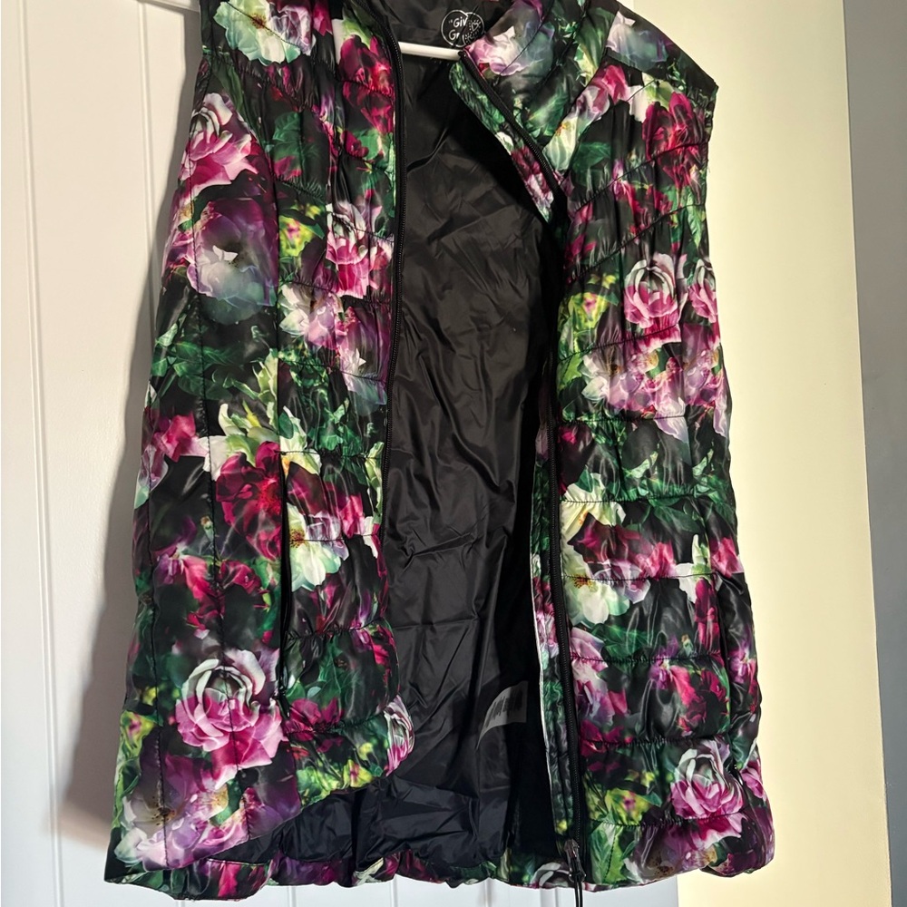 Betsey Johnson Floral Puffer Jacket - Black, Green, Pink